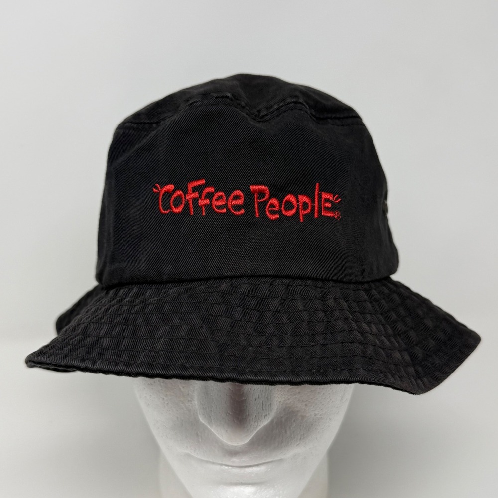 Coffee People Bucket Hat Black Cotton Embroidered Red Text Sportsman Size M/L